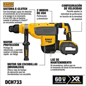 ROTOMARTILLO SDS MAX 1.7/8" DEWALT DCH733B 60V BRUSHLESS S/BAT - Imagen 3